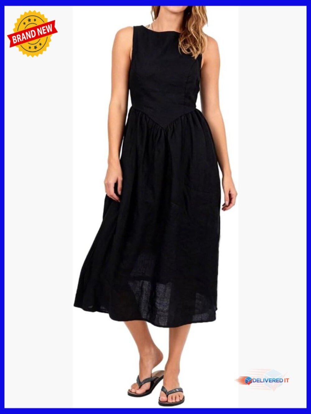 Linen Midi Dress Sleeveless Backless Sundress Summer Casual